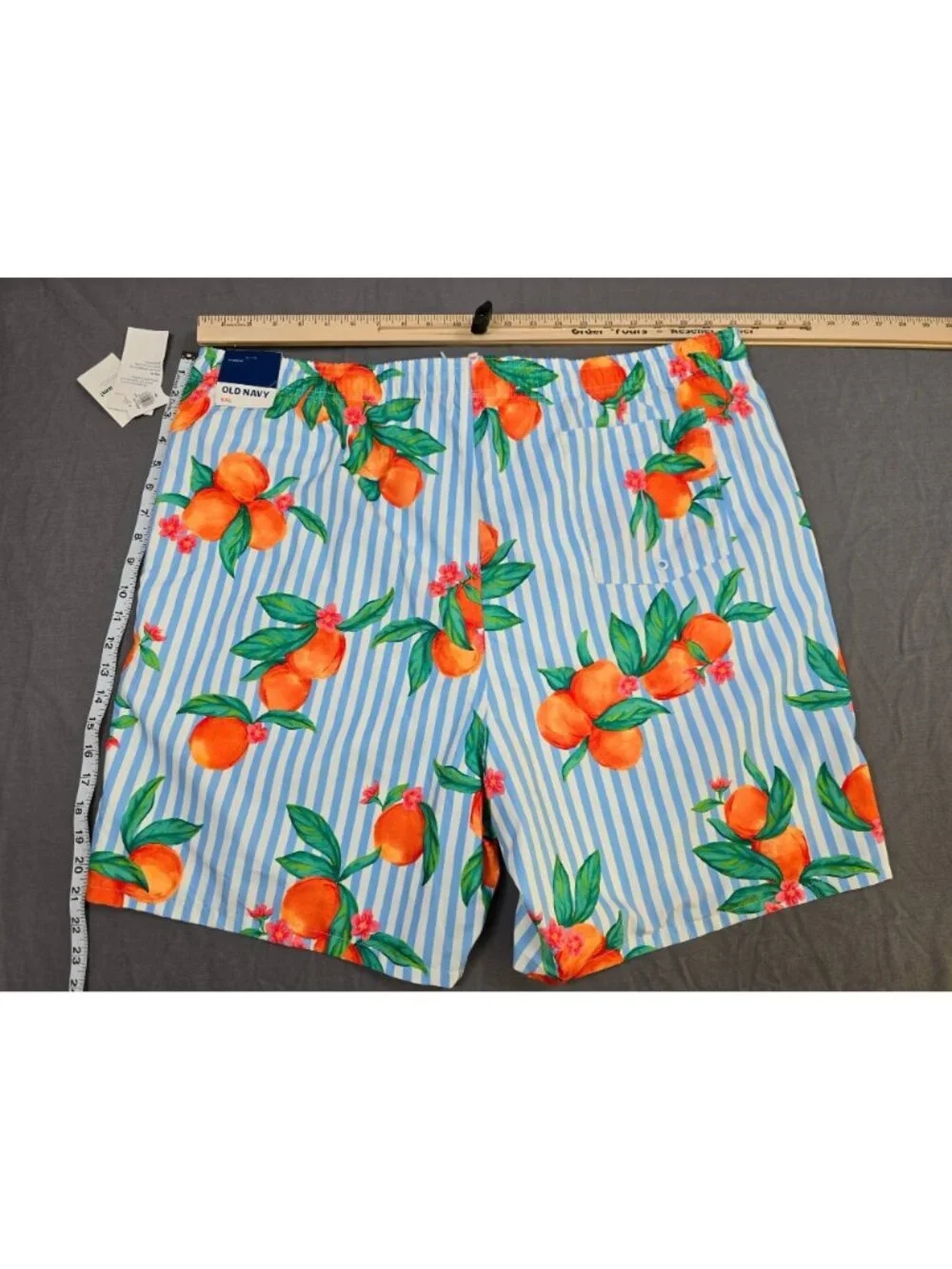 Old Navy XXL Mens Blue & White Striped Swim Shorts With Orange Print NEW